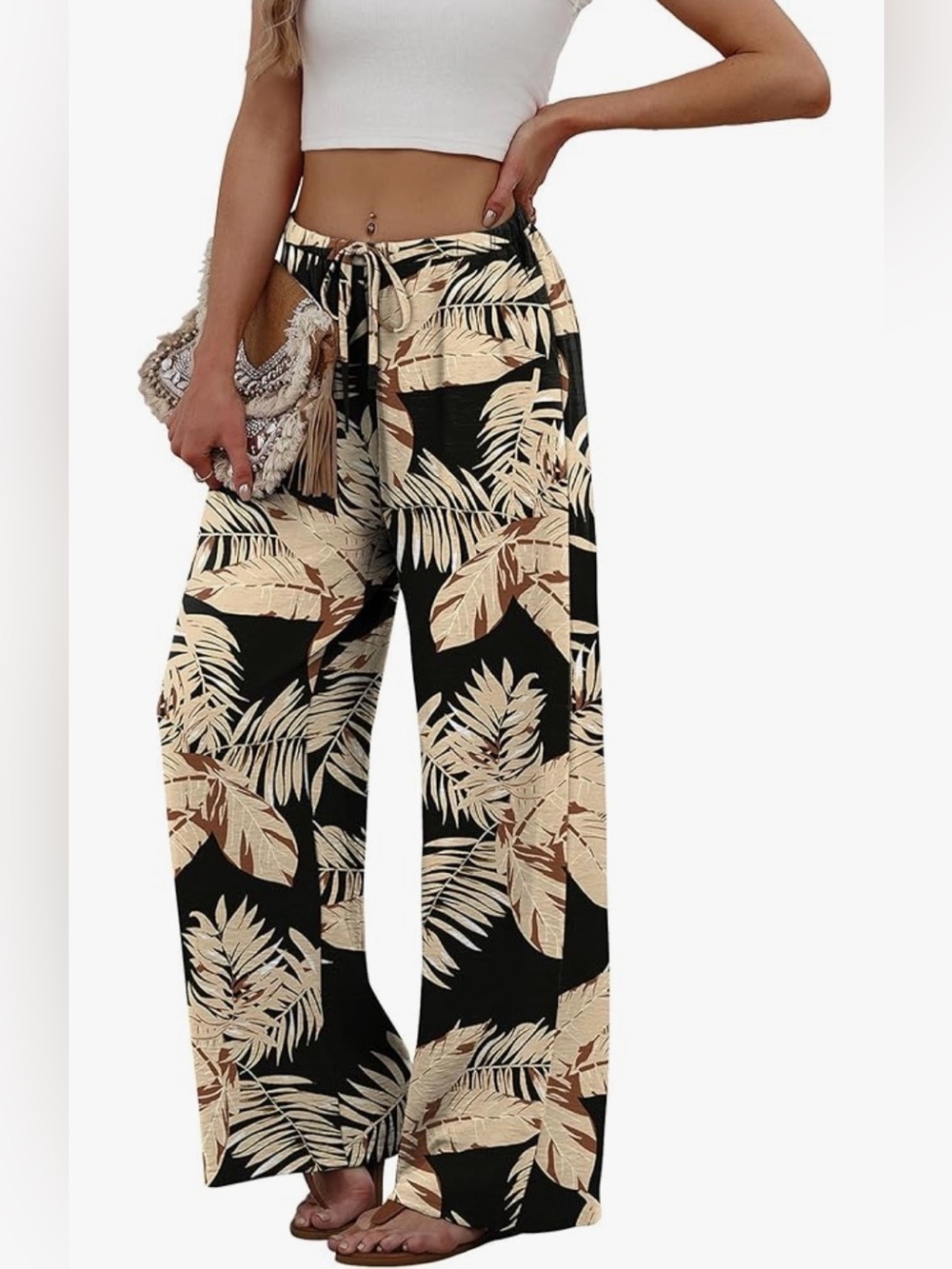 Black Tropical Leaf Wide-Leg Drawstring Pants